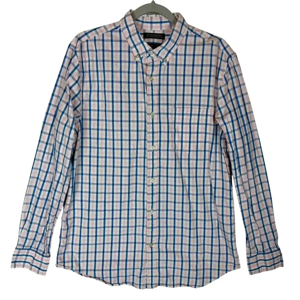 Banana Republic Shirt Mens Large Pink Blue Plaid Cotton Stretch Pinpoint Oxford